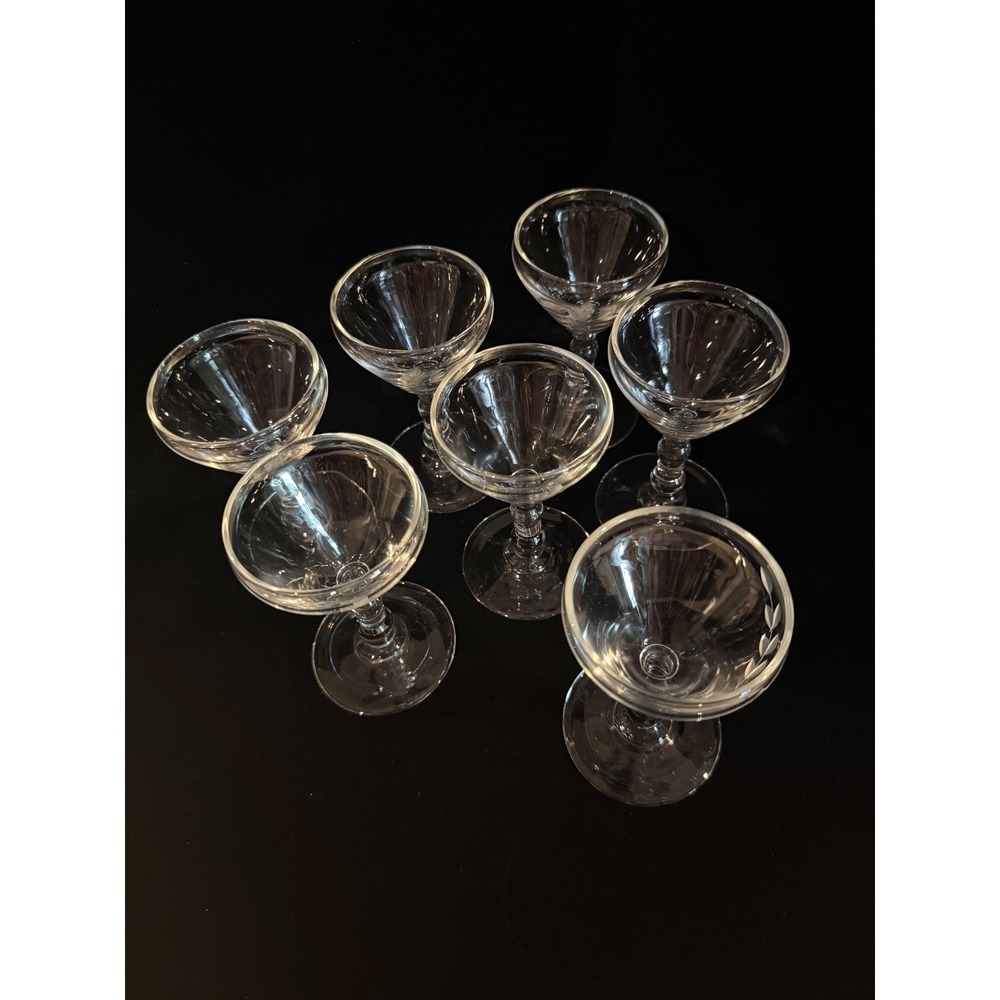 Vintage Etched Glass Cordial Stemware Set 7 Laurel Leaf Triple Ball Stem Clear - Picture 3 of 3